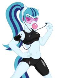 Size: 1388x1889 | Tagged: safe, artist:camo-pony, derpibooru exclusive, sonata dusk, anthro, g4, armband, belly button, bubblegum, clothes, compression shorts, earbuds, female, food, gum, midriff, music player, simple background, sports bra, sports shorts, sunglasses, tight clothing, white background
