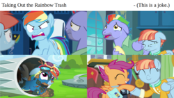 Size: 1058x595 | Tagged: safe, edit, edited screencap, screencap, bow hothoof, rainbow dash, scootaloo, windy whistles, pegasus, pony, g4, newbie dash, parental glideance, abuse, comic, dashabuse, joke, op is a duck, op is trying to be funny, op is trying to start shit, rainbow trash, scootalove, screencap comic