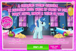 Size: 1039x692 | Tagged: safe, gameloft, party favor, pony, unicorn, g4, advertisement, costs real money, introduction card, male, party cannon, rhyme, stallion