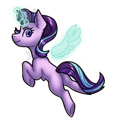 Size: 674x720 | Tagged: safe, artist:magicstarfriends, starlight glimmer, pony, unicorn, g4, artificial wings, augmented, female, flying, glowing horn, horn, magic, magic wings, missing cutie mark, simple background, smiling, solo, white background, wings