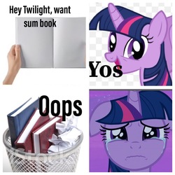 Size: 640x640 | Tagged: safe, artist:jengazi, derpibooru exclusive, edit, edited screencap, screencap, twilight sparkle, oc, alicorn, human, pony, g4, once upon a zeppelin, abuse, adorable distress, alpha channel, birb, book, book abuse, bookhorse, bronybait, caption, comic, crying, crylight sparkle, cute, dank memes, female, floppy ears, frown, hand, happy, image macro, into the trash it goes, irl human, lidded eyes, looking at you, mare, meme, photo, ponified meme, pure unfiltered evil, sad, sadorable, screencap comic, simple background, smiling, spread wings, text, that pony sure does love books, trash can, twilight sparkle (alicorn), wavy mouth, white background, wings, you monster