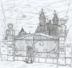 Size: 1653x1557 | Tagged: safe, artist:newman134, sci-twi, spike, spike the regular dog, twilight sparkle, dog, equestria girls, g4, backpack, conservatory, gate, greenhouse, house sitting, mansion, monochrome, ominous, original location, there was an attempt, traditional art, what could possibly go wrong