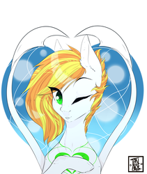 Size: 3200x3800 | Tagged: safe, artist:tanalise, oc, oc only, oc:whitefull wave, pony, double tail, female, green eyes, high res, looking at you, multicolored hair, one eye closed, simple background, white background, wink