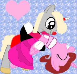 Size: 707x684 | Tagged: safe, artist:katierose45, artist:queenzodiac, alicorn, pony, unicorn, alicornified, barely pony related, baroness von bon bon, base used, clothes, crossover, cuphead, cuphead (character), dancing, dress, long sleeved shirt, long sleeves, ponified, race swap, shirt, shoes, shorts, studio mdhr