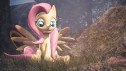 Size: 3840x2160 | Tagged: safe, artist:freasaloz, fluttershy, butterfly, pony, g4, 3d, butterfly on nose, cute, female, grin, high res, insect on nose, shyabetes, smiling, solo, source filmmaker
