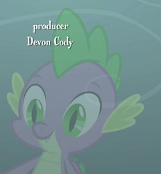 Size: 665x718 | Tagged: safe, screencap, spike, dragon, g4, uprooted, credits, devon cody, male, reflection, smiling, solo, text, winged spike, wings