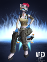 Size: 3392x4483 | Tagged: safe, artist:clear vision, zecora, zebra, anthro, unguligrade anthro, g4, alternate hairstyle, apex legends, blood, blood stains, clothes, cosplay, costume, crossover, d.o.c drone, description is relevant, drone, dyed hair, dyed mane, ear piercing, earring, eyeshadow, female, gloves, gun, hand on hip, handgun, headband, jewelry, lifeline, makeup, medic, midriff, piercing, pistol, re-45, red eyeshadow, red hair, signature, sitting, solo, video game crossover, weapon
