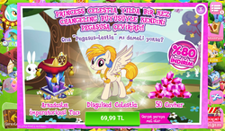 Size: 1024x600 | Tagged: safe, gameloft, idw, angel bunny, golden feather, lyra heartstrings, princess celestia, pegasus, pony, g4, spoiler:comic, spoiler:comic65, advertisement, braid, braided tail, costs real money, crown, female, gem, idw showified, jewelry, looking at you, mare, multicolored mane, regalia, sale, turkish