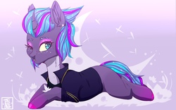 Size: 1280x800 | Tagged: safe, artist:tanalise, oc, oc only, pony, unicorn, clothes, colored hooves, crescent moon, horn, moon, one eye closed, prone, transparent moon, unicorn oc, wink