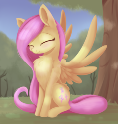 Size: 1512x1596 | Tagged: safe, artist:dusthiel, fluttershy, pegasus, pony, blushing, butt fluff, cheek fluff, chest fluff, cute, ear fluff, ear tufts, eyes closed, female, grass, hoof fluff, leg fluff, mare, outdoors, pose, scenery, shoulder fluff, shyabetes, sitting, smiling, solo, spread wings, tree, wing fluff, wings