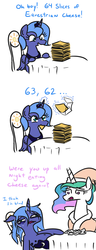 Size: 462x1200 | Tagged: safe, artist:jargon scott, princess celestia, princess luna, alicorn, pony, g4, 64 slices of american cheese, american cheese, bags under eyes, bathrobe, cheese, clothes, comic, derp, duo, eating, female, food, funny, funny as hell, glowing horn, hat, horn, levitation, magic, mare, messy mane, nightcap, noodle incident, overeating, robe, s1 luna, simpsons did it, sliced cheese, stuffed, stuffing, sweat, telekinesis, the simpsons, this will end in death, this will end in tears, this will end in tears and/or death, worried