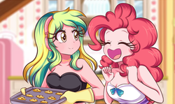 Size: 1379x820 | Tagged: safe, artist:lucy-tan, lemon zest, pinkie pie, equestria girls, g4, anime, baking, breasts, cleavage, cookie, cute, diapinkes, duo, eyes closed, food, happy, open mouth, oven mitts, smiling, zestabetes