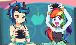 Size: 1380x820 | Tagged: safe, artist:lucy-tan, indigo zap, rainbow dash, equestria girls, anime, armpits, bed, breasts, clothes, controller, cute, dashabetes, duo, grin, open mouth, playing, smiling, tanktop, video game, zapabetes