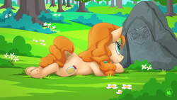 Size: 1920x1080 | Tagged: safe, artist:mysticalpha, pear butter, earth pony, pony, g4, carving, female, frog (hoof), looking at something, prone, rock, ship:brightbutter, shipping, solo, straight, underhoof