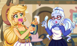 Size: 1380x820 | Tagged: safe, artist:lucy-tan, applejack, sugarcoat, equestria girls, g4, alcohol, anime, breasts, champagne, cleavage, clothes, cork, cute, duo, glasses, jackabetes, open mouth, popping, smiling, sugarcute, tank top, wine