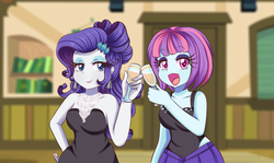 Size: 1380x820 | Tagged: safe, artist:lucy-tan, rarity, sunny flare, equestria girls, g4, adoraflare, anime, bare shoulders, bedroom eyes, black dress, breasts, cleavage, clothes, cute, dress, duo, female, glass, jewelry, looking at you, necklace, open mouth, raribetes, sleeveless, smiling, tank top, wine glass