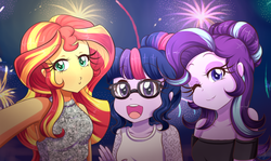 Size: 1380x820 | Tagged: safe, artist:lucy-tan, sci-twi, starlight glimmer, sunset shimmer, twilight sparkle, equestria girls, g4, adorasexy, anime, armpits, cute, fireworks, glasses, glimmerbetes, kissy face, looking at you, magical trio, one eye closed, open mouth, sexy, shimmerbetes, smiling, trio, twiabetes, wink
