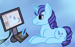 Size: 2300x1450 | Tagged: safe, artist:soupyfox, oc, oc:azure quill, pony, unicorn, computer, drawing, drawing self, drawing tablet, glowing horn, gradient background, horn, magic, prone, sitting, stylus, telekinesis