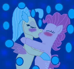 Size: 1300x1224 | Tagged: safe, artist:bigpurplemuppet99, pinkie pie, princess skystar, seapony (g4), g4, blushing, bubble, eyes closed, female, french kiss, heart, kissing, lesbian, seaponified, seapony pinkie pie, ship:skypie, shipping, species swap, underwater
