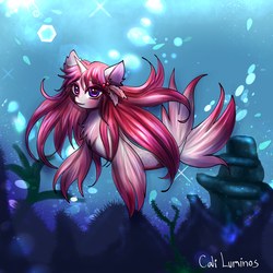 Size: 3072x3072 | Tagged: safe, artist:cali luminos, oc, oc only, oc:aine, fish, merpony, pony, sea pony, unicorn, bubble, crepuscular rays, cute, fins, fish tail, flowing tail, high res, horn, ocean, purple eyes, seaponified, seaweed, signature, smiling, solo, species swap, sunlight, swimming, tail, underwater, water