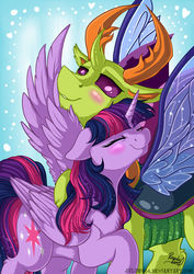 Size: 1024x1449 | Tagged: safe, artist:julunis14, thorax, twilight sparkle, alicorn, changedling, changeling, pony, g4, antlers, blushing, chest fluff, chin fluff, eyes closed, female, heart, hoof fluff, king thorax, leg fluff, male, mare, ship:twirax, shipping, smiling, spread wings, straight, twilight sparkle (alicorn), wing fluff, wings