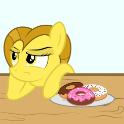 Size: 1440x1440 | Tagged: safe, artist:pizzamovies, oc, oc:golden star, oc:pizzamovies, animated, annoyed, chocolate, denied, donut, female, food, gif, golden star loves donuts, goldenmovies, male, oc x oc, offscreen character, plate, pushing, shipping, sprinkles, straight, table