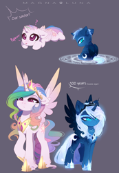Size: 2444x3524 | Tagged: safe, artist:magnaluna, princess celestia, princess luna, alicorn, pony, g4, :p, alternate design, alternate universe, baby, baby pony, cewestia, crown, cute, cutelestia, duo, female, filly, headcanon, high res, jewelry, lunabetes, magic, magic circle, mare, question mark, raspberry, regalia, royal sisters, siblings, silly, sisters, summoning, summoning circle, tongue out, twin sisters, twins, weapons-grade cute, white-haired luna, woona, younger