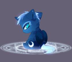 Size: 1239x1071 | Tagged: safe, artist:magnaluna, princess luna, alicorn, pony, g4, alternate universe, baby, baby pony, cropped, cute, female, filly, looking back, lunabetes, magic, magic circle, simple background, solo, summoning, summoning circle, woona, younger