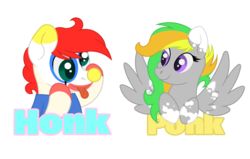 Size: 2837x1800 | Tagged: safe, artist:ponkus, oc, oc only, oc:jester jokes, oc:odd inks, earth pony, pegasus, pony, badge, clown, con badge, cute, female, funny face, male, mare, stallion