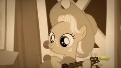 Size: 1920x1080 | Tagged: safe, screencap, applejack, pony, g4, sparkle's seven, apple chord, female, filly, filly applejack, guitar, monochrome, sepia, solo, younger