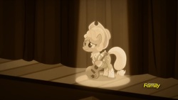 Size: 1920x1080 | Tagged: safe, screencap, applejack, earth pony, pony, g4, sparkle's seven, apple chord, female, guitar, hat, mare, sepia, solo