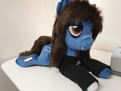 Size: 2016x1512 | Tagged: safe, artist:epicrainbowcrafts, earth pony, pony, undead, zombie, zombie pony, bags under eyes, bone, bring me the horizon, clothes, commission, drop dead clothing, fangs, irl, lip piercing, long sleeves, male, oliver sykes, photo, piercing, plushie, ponified, prone, scar, sewing machine, shirt, solo, stallion, stitches, tattoo