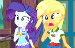 Size: 640x418 | Tagged: safe, screencap, applejack, rarity, equestria girls, g4, my little pony equestria girls: legend of everfree, animated, camp everfree outfits, female, gif, wet, wet hair