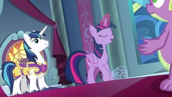 Size: 1280x720 | Tagged: safe, screencap, shining armor, spike, twilight sparkle, alicorn, dragon, pony, unicorn, g4, sparkle's seven, canterlot throne room, claws, eyes closed, female, glowing horn, horn, male, mare, royal guard armor, smiling, sparkle siblings, stallion, twilight sparkle (alicorn), winged spike, wings