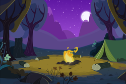 Size: 931x619 | Tagged: safe, artist:moonlight-the-pony, background, campfire, forest, moon, night, no pony, tent, tree