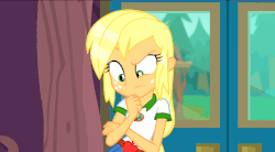 Size: 640x354 | Tagged: safe, screencap, applejack, equestria girls, g4, my little pony equestria girls: legend of everfree, animated, camp everfree outfits, female, gif, implied rainbow dash, speed lines, wet, wet hair