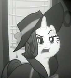 Size: 488x535 | Tagged: safe, screencap, rarity, pony, unicorn, g4, sparkle's seven, black and white, clothes, cropped, detective rarity, dramatic, female, grayscale, lidded eyes, mare, monochrome, open mouth, raised eyebrow, solo