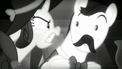 Size: 1920x1080 | Tagged: safe, screencap, rarity, earth pony, pony, unicorn, g4, season 9, sparkle's seven, bartender, detective rarity, facial hair, female, juice jackie, male, mare, moustache, stallion, unnamed character, unnamed pony