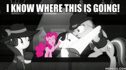 Size: 600x337 | Tagged: safe, edit, edited screencap, screencap, pinkie pie, rainbow dash, rarity, pony, g4, sparkle's seven, bartender, detective rarity, impact font, investigator dash, juice jackie, memeful.com, unnamed character, unnamed pony