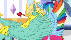 Size: 1280x720 | Tagged: safe, artist:luna dave, rainbow dash, zephyr breeze, pegasus, pony, g4, sparkle's seven, colored wings, cute, female, floating heart, heart, implied kissing, male, megaradash, pervert, royal guard armor, royal guard zephyr breeze, ship:zephdash, shipping, stallion, straight, wing fluff