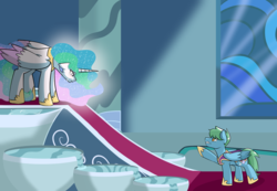 Size: 1074x744 | Tagged: safe, artist:jolliapplegirl, princess celestia, oc, oc:azure glide, alicorn, pegasus, pony, g4, angry, betrayal, commission, context in description, crying, female, jewelry, male, mare, mother and son, regalia, shame, stallion, story included, tears of pain, throne room