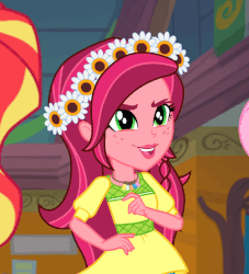 Size: 581x640 | Tagged: safe, screencap, fluttershy, gloriosa daisy, sunset shimmer, equestria girls, g4, my little pony equestria girls: legend of everfree, animated, braid, camp everfree outfits, female, floral head wreath, flower, flower in hair, geode of fauna, geode of shielding, geode of sugar bombs, geode of super speed, geode of super strength, gif, magical geodes, offscreen character, solo focus