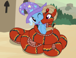 Size: 2660x2048 | Tagged: safe, artist:badumsquish, derpibooru exclusive, trixie, oc, oc:husam, lamia, original species, pony, saddle arabian, unicorn, g4, adventurer, building, cape, clothes, coils, cuddling, desert, duo, female, gem, grin, happy, hat, high res, hug, male, one eye closed, show accurate, smiling, stripes, sword, swordman, trixie's cape, trixie's hat, turban, village, weapon, wink