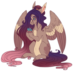 Size: 2788x2746 | Tagged: safe, artist:sleepy-nova, oc, oc only, pegasus, pony, colored hooves, ear piercing, earring, female, flower, gradient, gradient mane, high res, hooves, jewelry, long hair, long mane, long tail, looking down, magical lesbian spawn, mare, markings, offspring, parent:fluttershy, parent:princess luna, parents:lunashy, piercing, plants, ponytail, simple background, sitting up, smiling, solo, splotches, transparent background, two toned wings