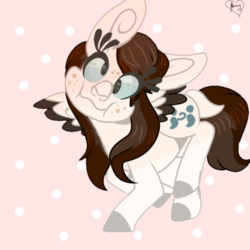 Size: 466x466 | Tagged: safe, artist:crippling depression, oc, oc:crippling depression, pegasus, pony, abstract background, chubby cheeks, colored hooves, cross-eyed, cute, freckles, signature, silly, silly face, spread wings