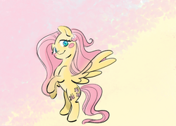 Size: 2048x1463 | Tagged: safe, artist:ashtodusk, fluttershy, pegasus, pony, g4, abstract background, bipedal, blush sticker, blushing, female, head tilt, looking at you, mare, rearing, smiling, solo, spread wings, three quarter view, wings