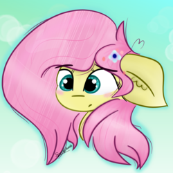 Size: 1000x1000 | Tagged: safe, artist:mlpsportybubbles, fluttershy, pony, g4, abstract background, blushing, bust, female, floppy ears, flower, flower in hair, mare, portrait, solo, three quarter view