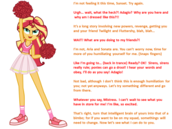 Size: 960x720 | Tagged: safe, artist:mixiepie, edit, editor:godofwar99, sunset shimmer, equestria girls, g4, belly button, cheerleader, clothes, converse, female, humiliation, hypnohub, implied adagio dazzle, midriff, mind control, open mouth, pleated skirt, pom pom, red, shoes, skirt, sneakers, socks, text