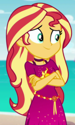 Size: 548x915 | Tagged: safe, screencap, sunset shimmer, equestria girls, equestria girls specials, g4, my little pony equestria girls: better together, my little pony equestria girls: spring breakdown, clothes, cropped, crossed arms, cruise outfit, dress, female, geode of empathy, magical geodes, smiling, solo