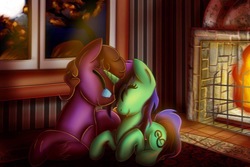 Size: 1280x853 | Tagged: artist needed, source needed, safe, oc, oc only, oc:fantasia charm, pony, cuddling, fireplace, tree, window